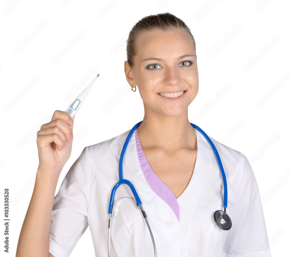 Medical female doctor shows in hand digital thermometer Medical female doctor shows in hand digital thermometer