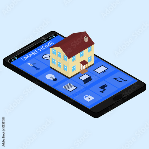 smart home and mobile phone screen with icons to control the house. isometric.