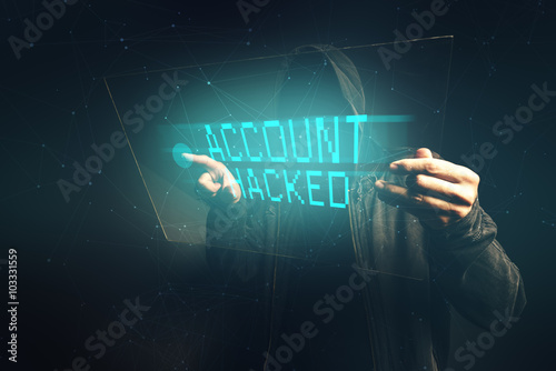 E-bank account hacked, unrecognizable computer hacker stealing p