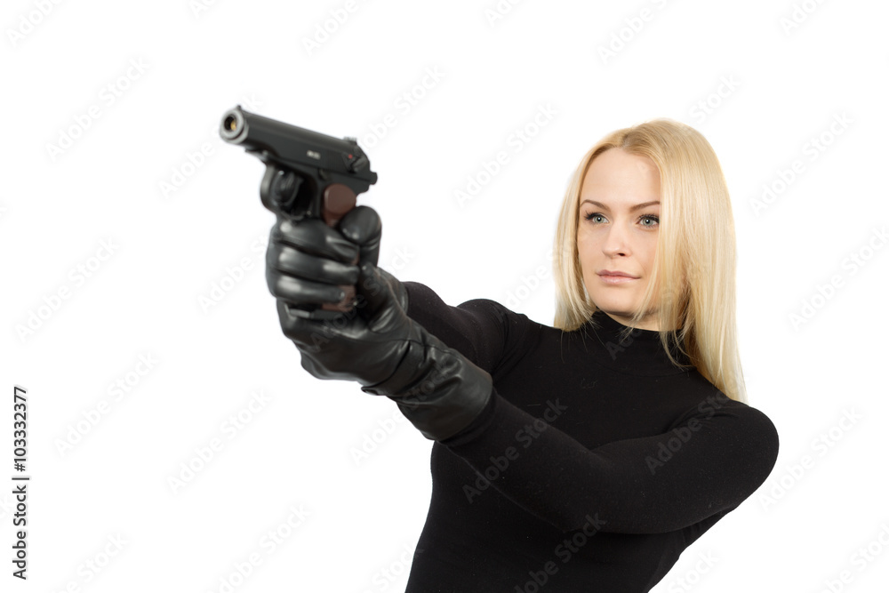 Female secret service agent in sunglasses with gun Female secret service agent in sunglasses with gun