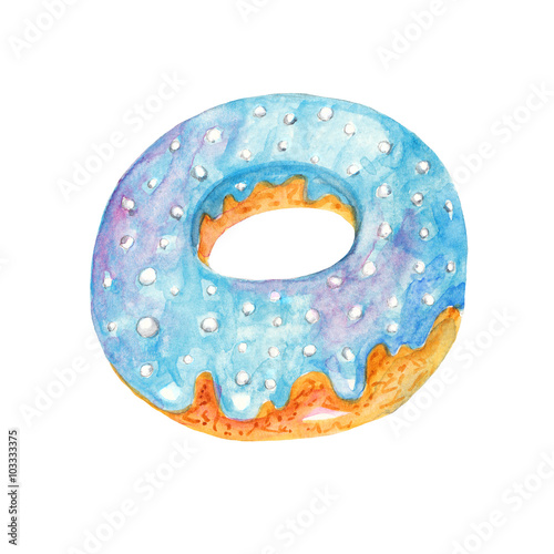 Fototapeta Naklejka Na Ścianę i Meble -  Blue iced donut on white background. Watercolor illustration