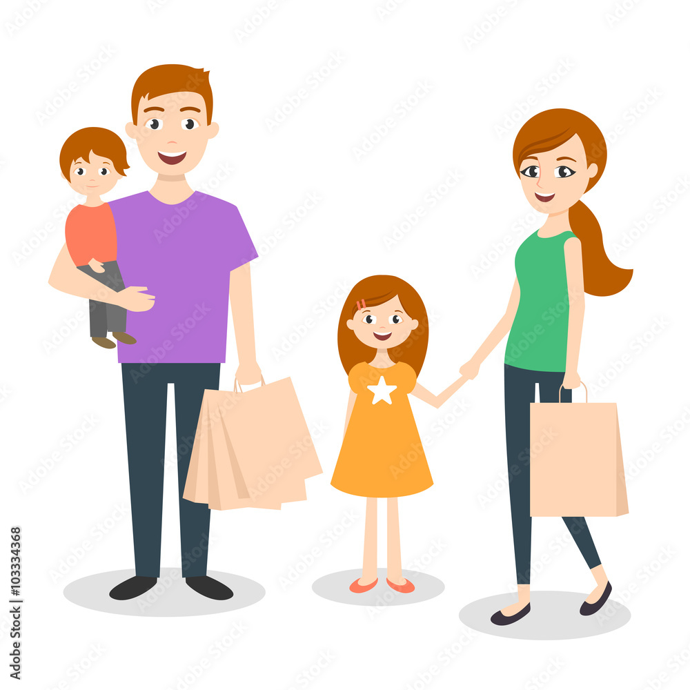 Vector illustration of family: mom, dad and son. Shopping bags. Vector illustration of family: mom, dad and son. Shopping bags.