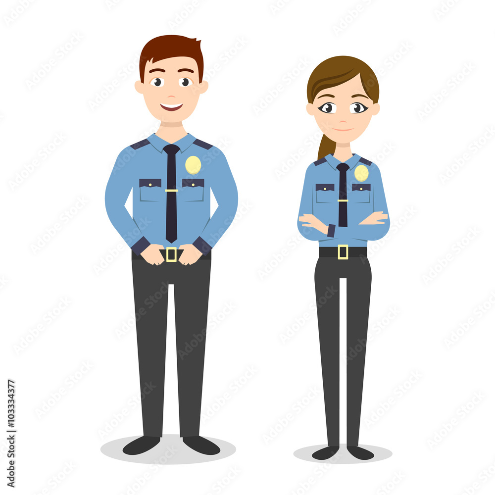 Vector characters: two young happy police officers, man and woman Vector characters: two young happy police officers, man and woman