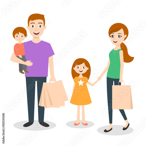 Vector illustration of family  mom  dad and son. Shopping bags. 