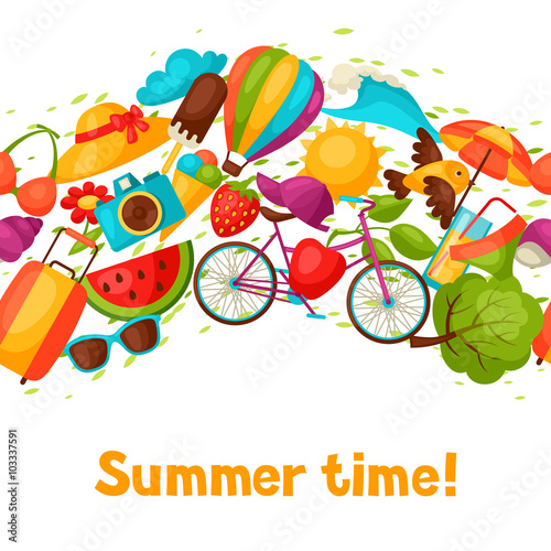 Seamless pattern with stylized summer objects. Background made without clipping mask. Easy to use for backdrop, textile, wrapping paper