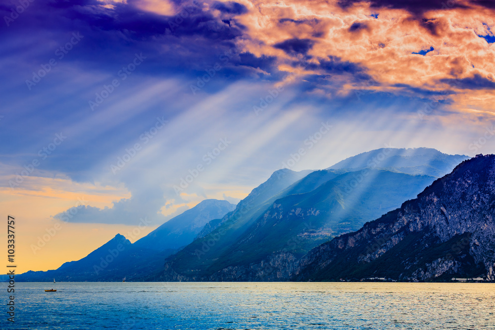 Garda Lake at dramatic sunset, Lago di Garda Italy