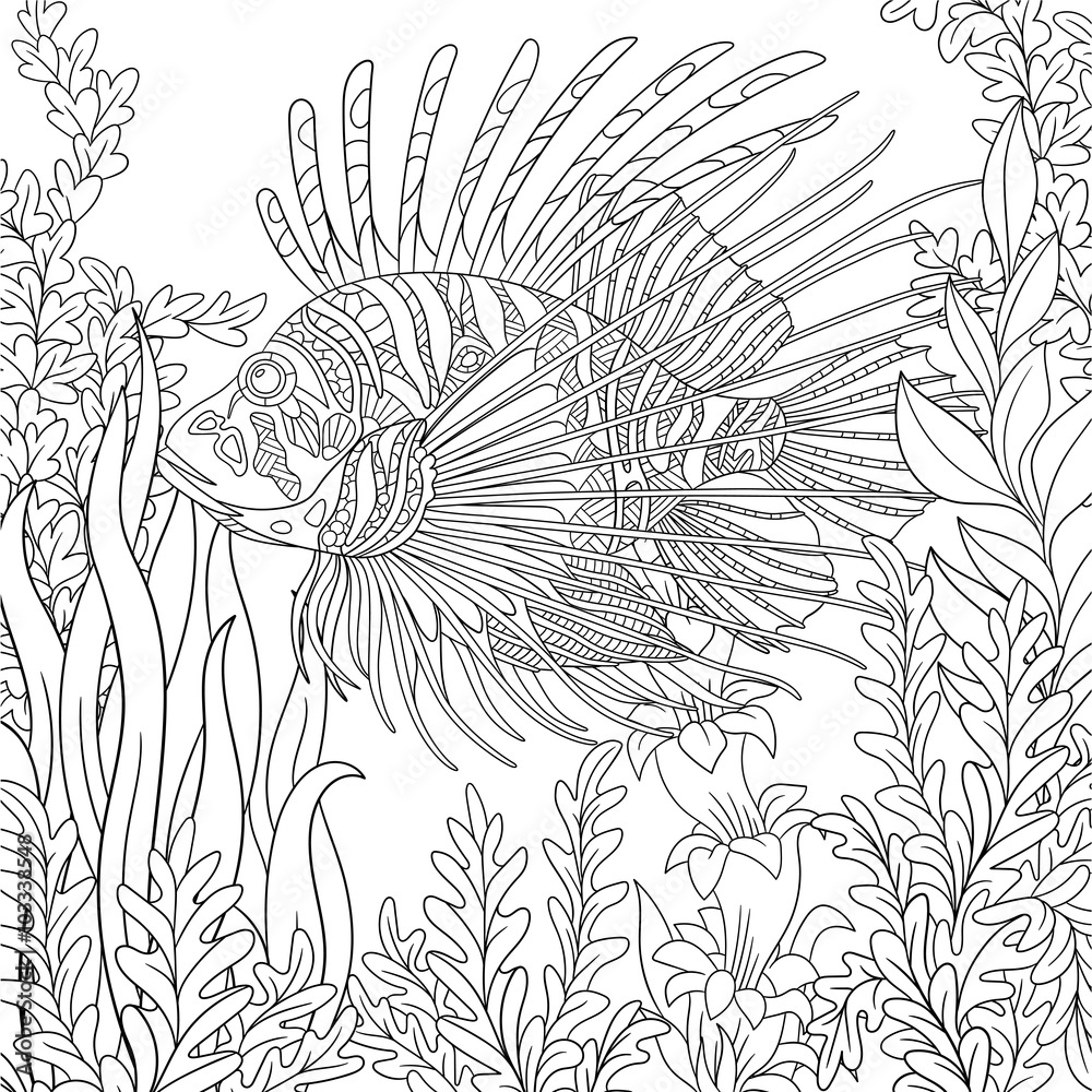 Zentangle stylized cartoon zebrafish (lionfish,pterois volitans) is ...