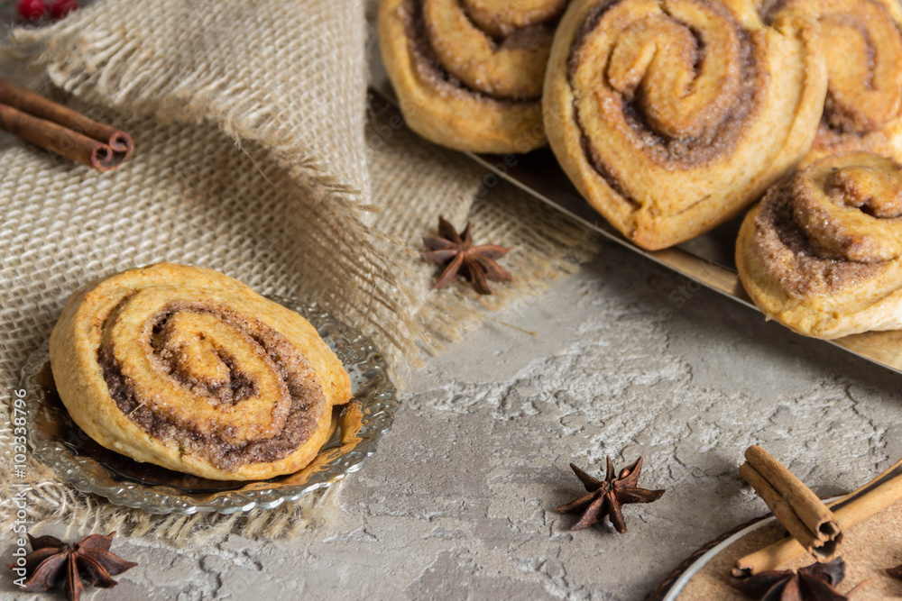 Fototapeta premium Rolls puff pastry with cinnamon and sugar