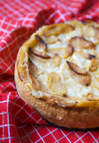 Apple homemade pie with a ruddy crust on the red tablecloth 