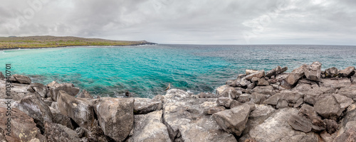 Panorama view of Puerto Chino Beach ,San Cristobal from the rock ,Galapagos
