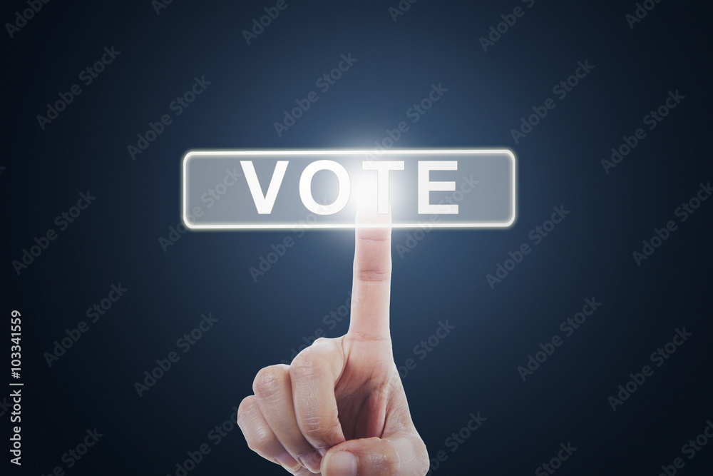 Person pressing vote button on virtual screen Person pressing vote button on virtual screen