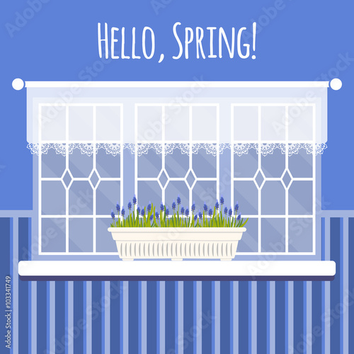Vector illustration with window and flowers in flat style