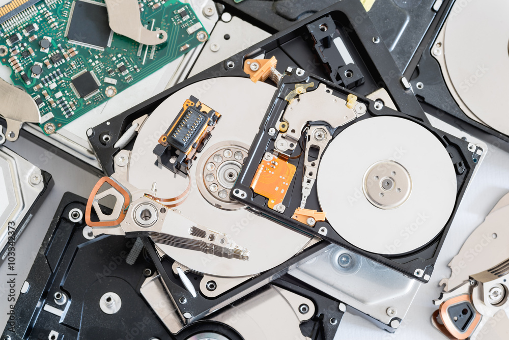 Broken and disassembled parts of a hard disk drives. Broken and disassembled parts of a hard disk drives.