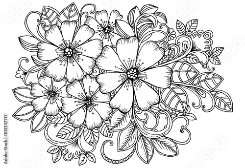Black and white floral doodle for adult coloring book