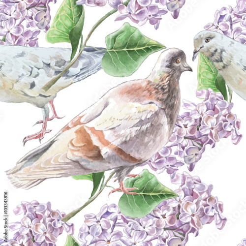 Seamless pattern with flowers and doves.