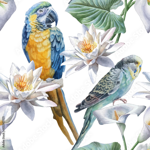 Seamless pattern with flowers and birds.