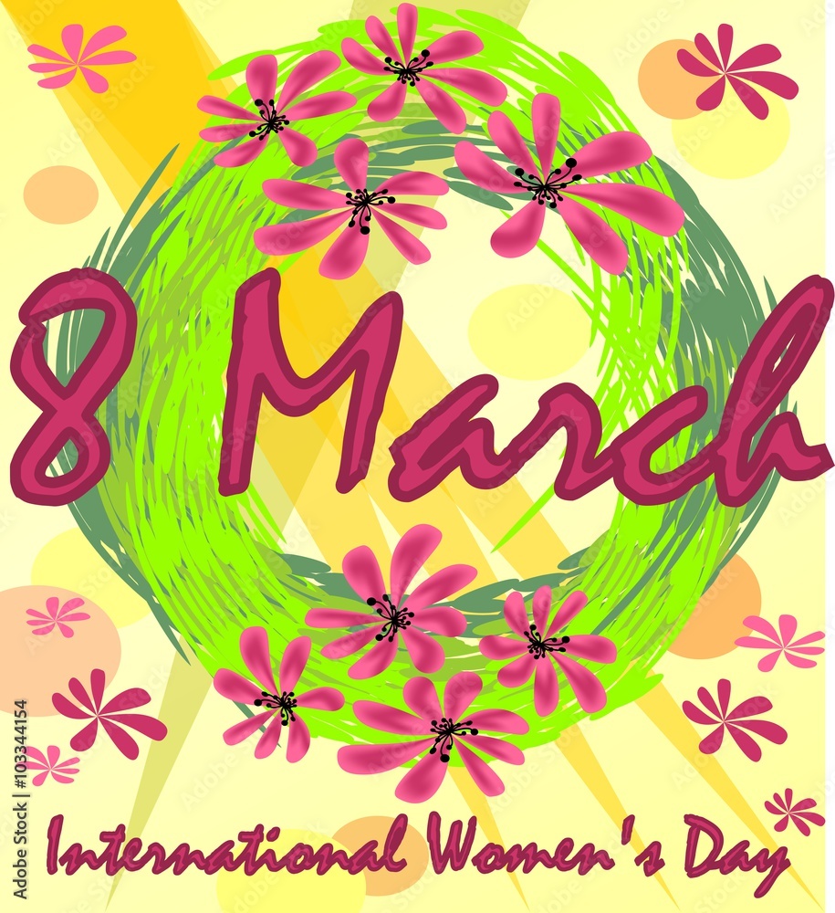 International Women's Day in grunge design with spring wreath and red flowers. 8th March greeting billboard or placard, useful for gift shop
