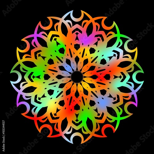 Psychedelic rainbow rosette on black background, geometric symmetric multicolored shape with strong contrast