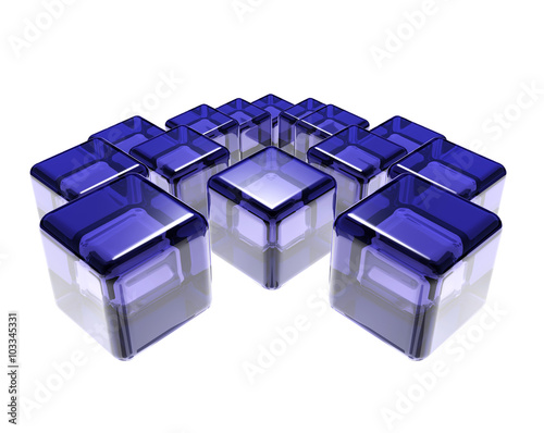 abstract composition of blue glass cubes over white background