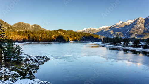 The Fraser River as it flows past the town of Hope at the Western End of the Fraser Canyon in British Columbia  Canada