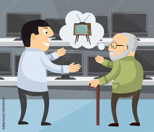 The old man in the store with televisions. Modern and retro style. Cartoon vector illustration.