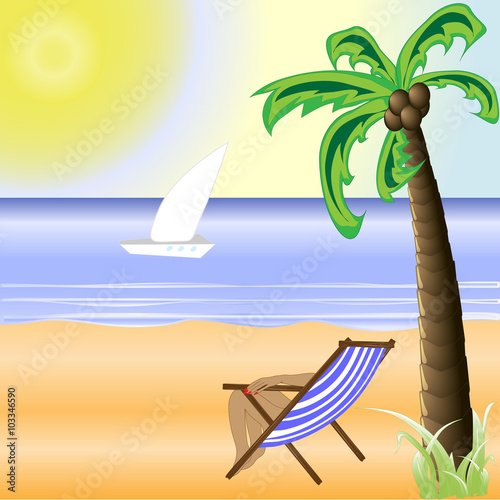 a sunny beach with a bright sun and a beautiful palm tree
