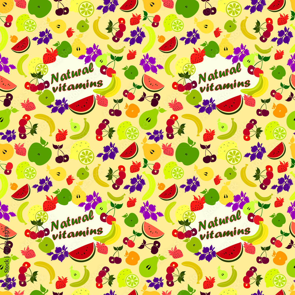 Pattern natural vitamins/colourful fruits and berries on the sand background