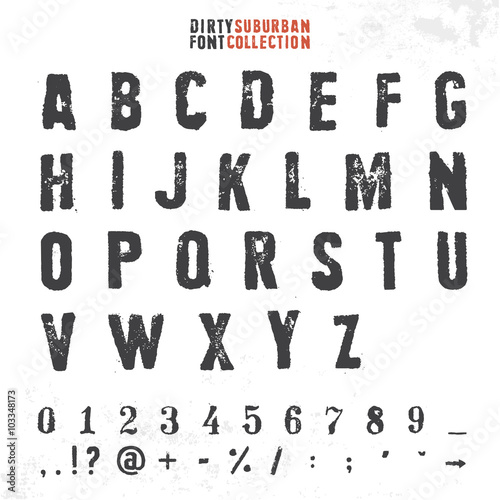 Grungy rubber stamp font. Vector alphabet with numbers and symbols.