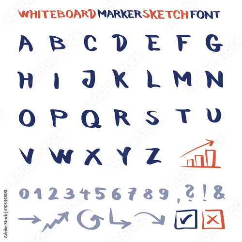 Whiteboard marker sketch font. Vector alphabet with numbers and symbols.