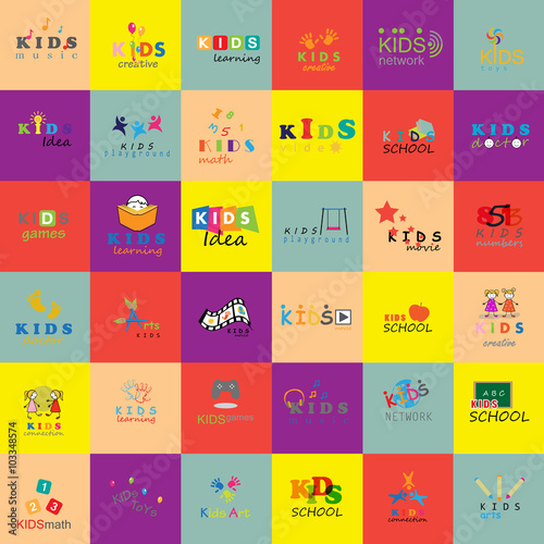 Children Icons Set-Vector Illustration,Graphic Design.For Web,Websites,App,Print,Presentation Templates,Mobile Applications,Promotional Materials.Kids Note,Balloon,Handprints,Book,Vision,Bulb,Collage 