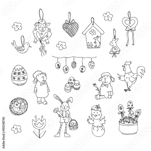 Easter traditional symbols collection - happy easter doodle set