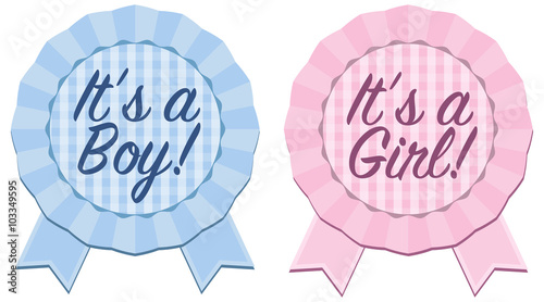 Baby announcement rosette ribbon with “It’s a Boy or “It’s a Girl” text in blue and pink with gingham background