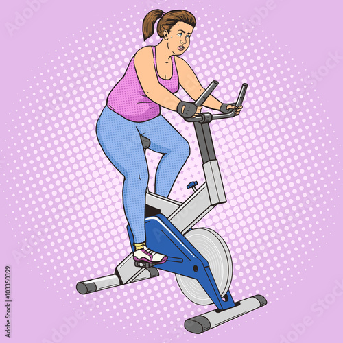 Fat woman on exercise bike pop art style vector