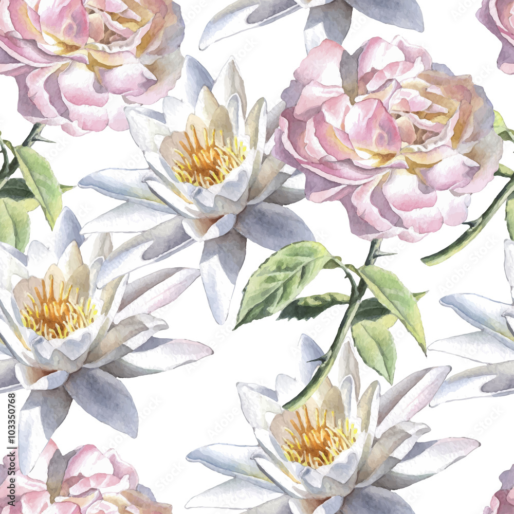 Seamless pattern with watercolor flowers. Rose and lily. Seamless pattern with watercolor flowers. Rose and lily.
