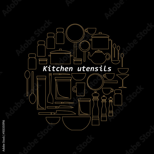 Gold mono line kitchen utensils logo. Objects silhouettes.