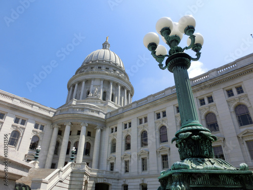 Madison Wisconsin capitol building exterior with lamp post - landscape color photo