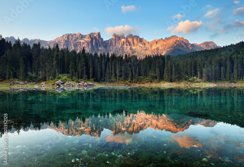 Lake with mountain forest landscape, Lago di Carezza photo