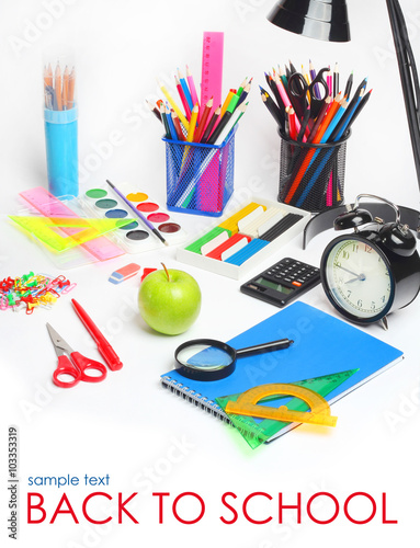 school supplies pencils crayons colorful assortment isolated white background 