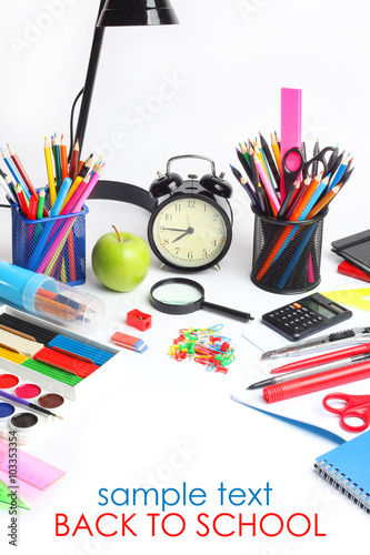 school supplies pencils crayons colorful assortment isolated white background 