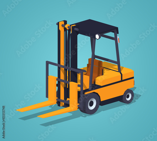 Orange forklift truck against the green background. 3D lowpoly isometric vector illustration