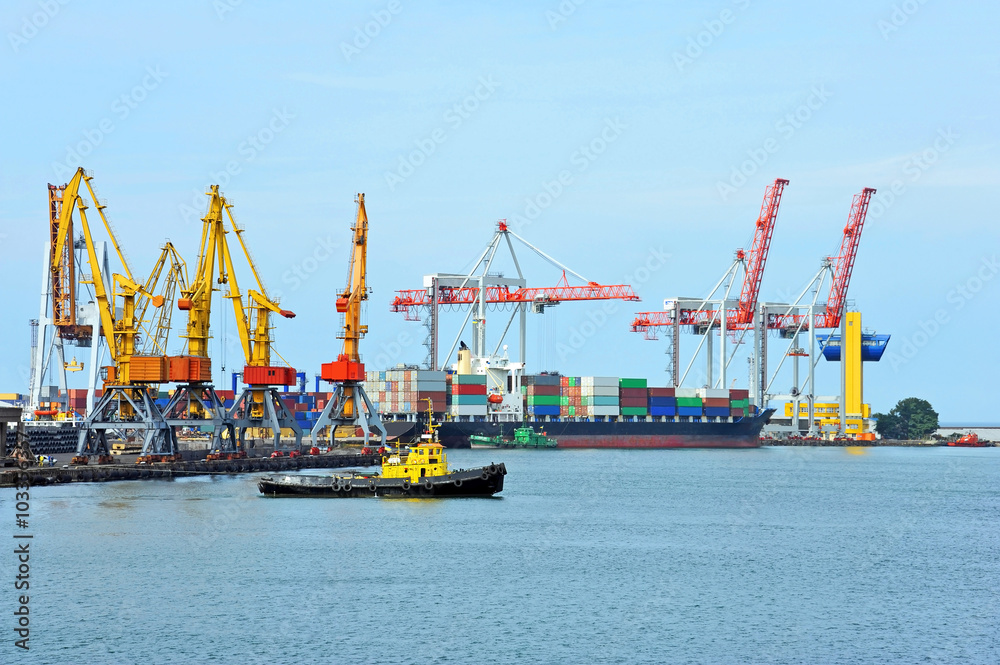 Tugboat and port cargo crane