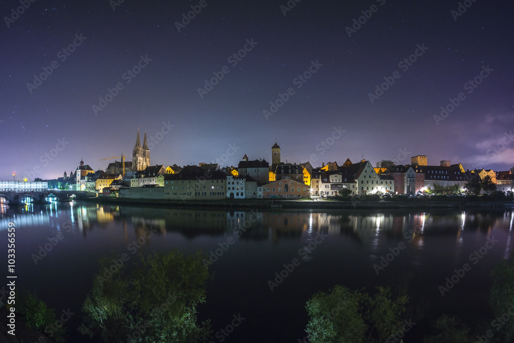 Panoramic view of Regensburg at night