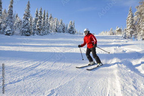 Woman down hill skiing in Lapland Finland ski resort on sunny day 