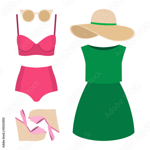 Set of trendy women's clothes. Outfit of woman swimsuit, dress and accessories. Women's wardrobe. Vector illustration