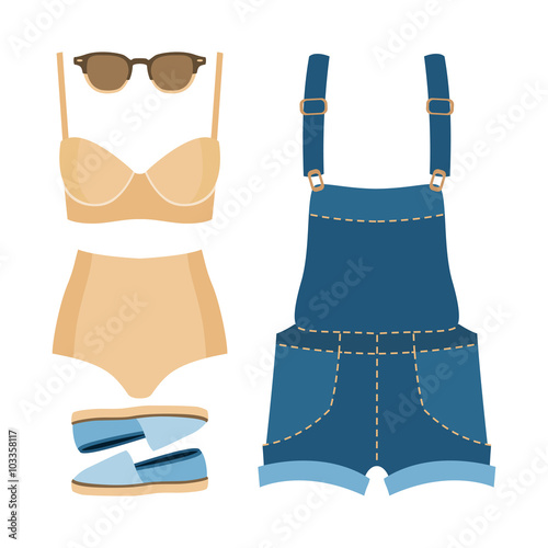Set of trendy women's clothes. Outfit of woman swimsuit, denim overall and accessories. Women's wardrobe. Vector illustration