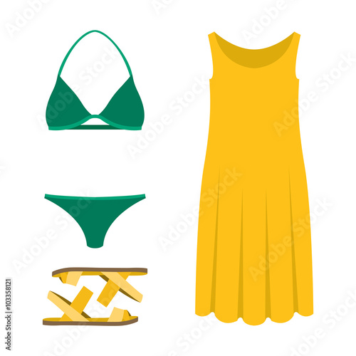 Set of trendy women's clothes. Outfit of woman swimsuit, dress and accessories. Women's wardrobe. Vector illustration