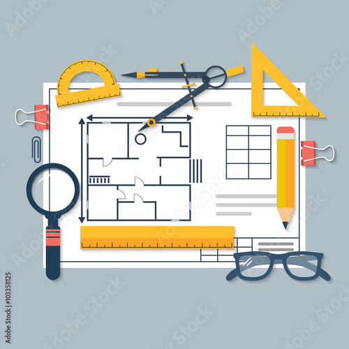 Architectural blueprints and drawing tools. Workplace of archite