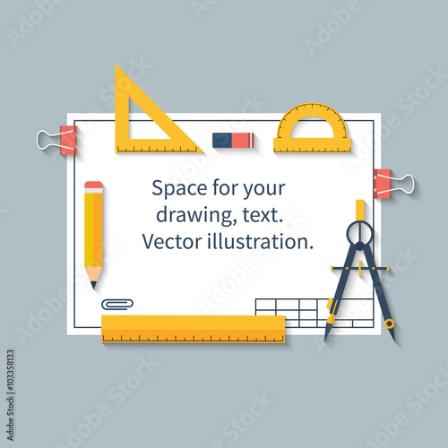 Drawing tools on paper with space for drawings and text. Ruler,