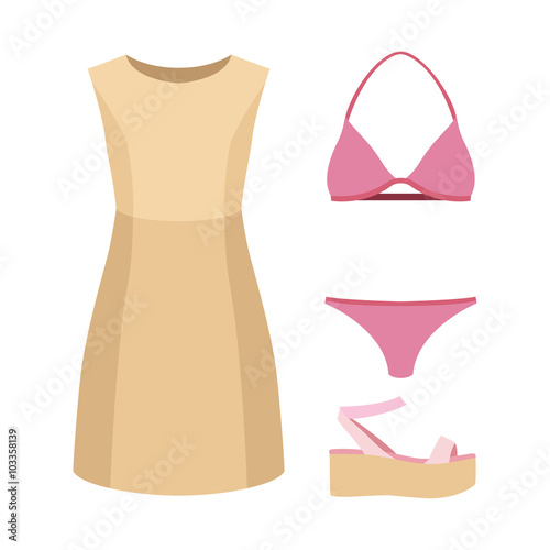 Set of trendy women's clothes. Outfit of woman swimsuit, dress and accessories. Women's wardrobe. Vector illustration