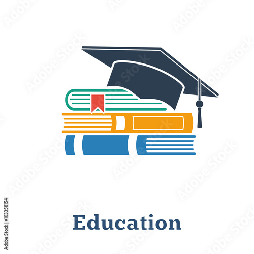 Graduation cap and books. The concept education. Stack of books,